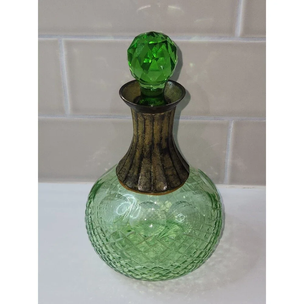 Vintage Small Green Decanter Cologne Bottle with Stopper Metal Collar Cut Glass